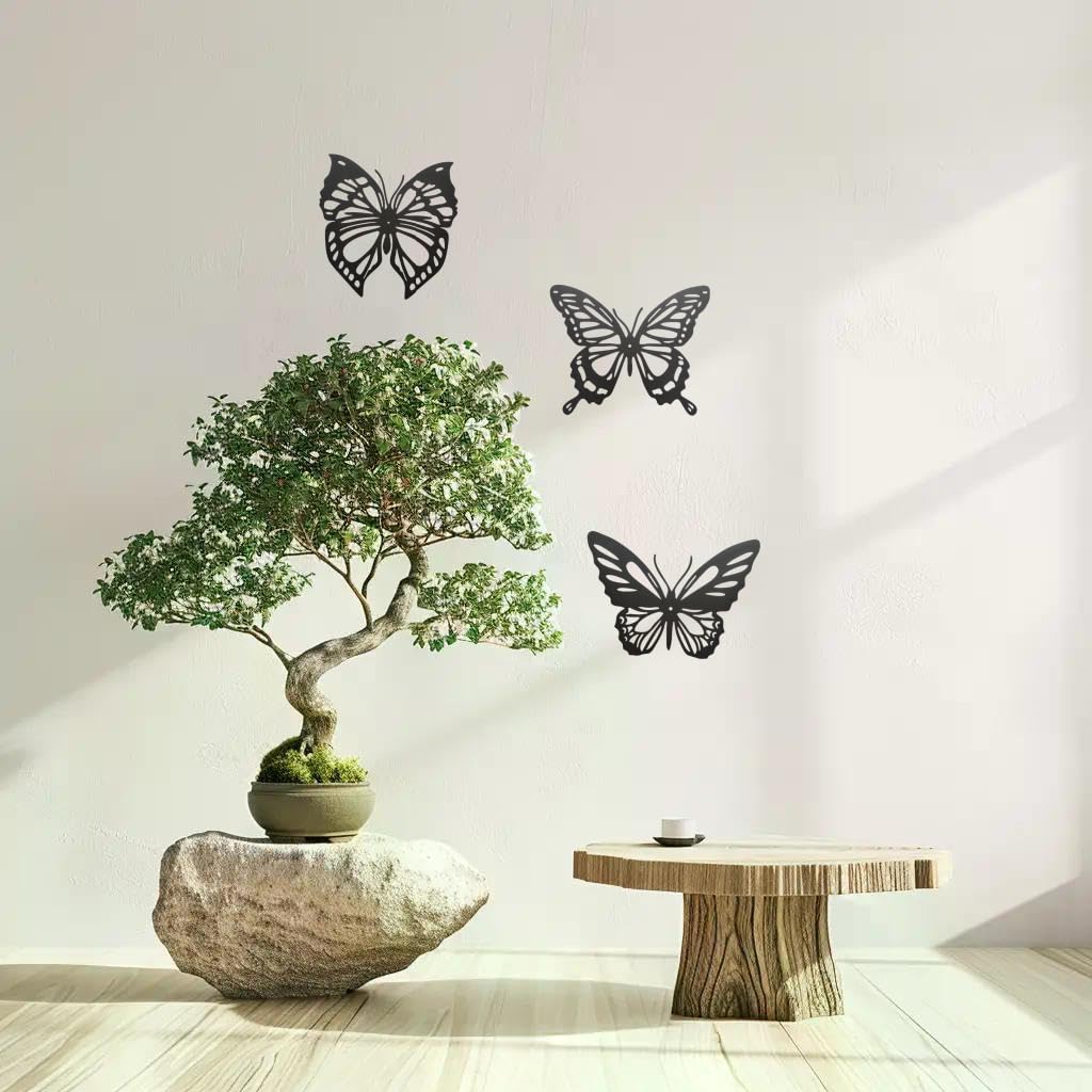 3 piezas de decoración de pared de mariposa de metal negro – Decoración versátil para exteriores e interiores para sala de estar, dormitorio y baño, tamaño grande 4