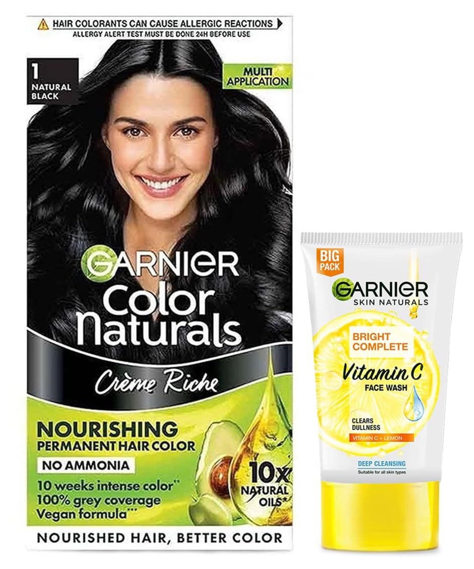 Garnier Skin Naturals Bright Complete Vitamin C Face Wash, 150g & Garnier, Hair Colouring Creme, Long-lasting Colour, Smoothness & Shine, Color Naturals, Shade: 1 Natural Black, 70ml + 60g