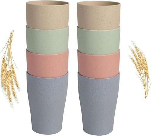 Vasos con pajita de trigo, irrompibles y reutilizables, ecológicos, saludables, para jugo de leche, agua, aptos para lavavajillas (8 unidades, 15
