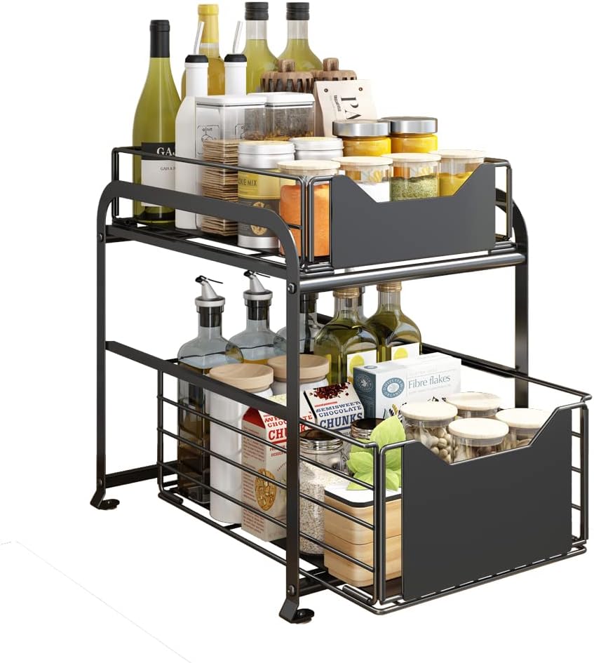 NUODWELLUnder Sink Organiser, Cupboard Storage Baskets with Drawer, 2 Tier Metal Sliding Cabinet Baskets Organizer for Kitchen and Bathroom