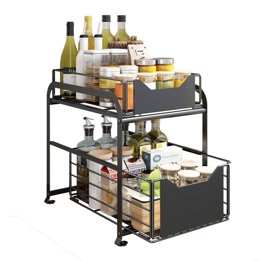 NUODWELLUnder Sink Organiser, Cupboard Storage Baskets with Drawer, 2 Tier Metal Sliding Cabinet Baskets Organizer for Kitchen and Bathroom