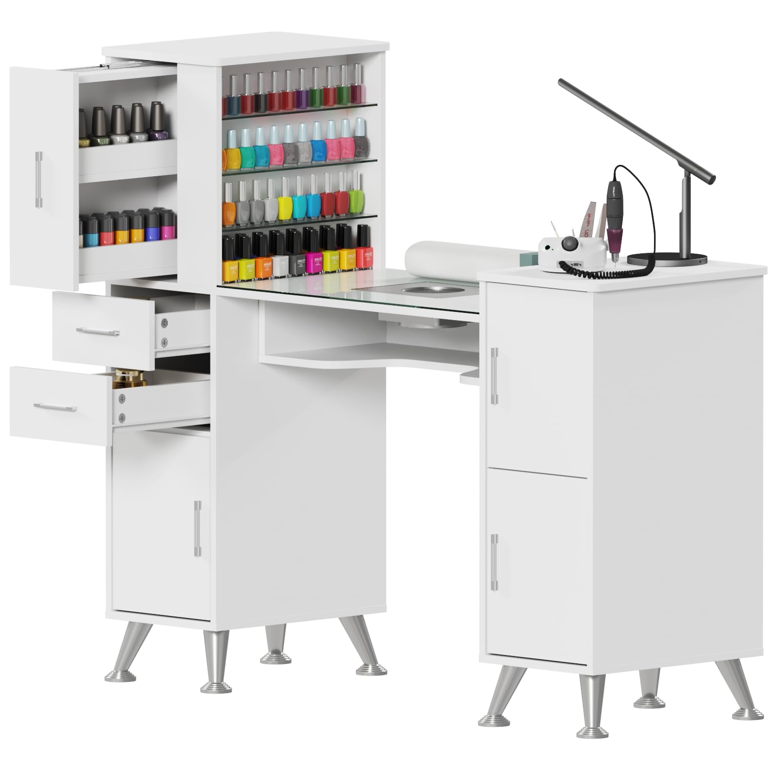Nageltisch mit Staubabsaugung und Glasplatte, Manikürtisch mit 3 Schubladen, 3 Schränken, 4-Stufigem Glasdisplay, Handauflage und Staubsaugerbeuteln, Profi Nagelstudio Tisch für Maniküre, Weiß