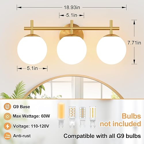 Miniatura 7 de Lámparas de baño de 3 luces, luces doradas cepilladas para baño con pantalla de bola de vidrio blanco lechoso, accesorios de iluminación de baño de