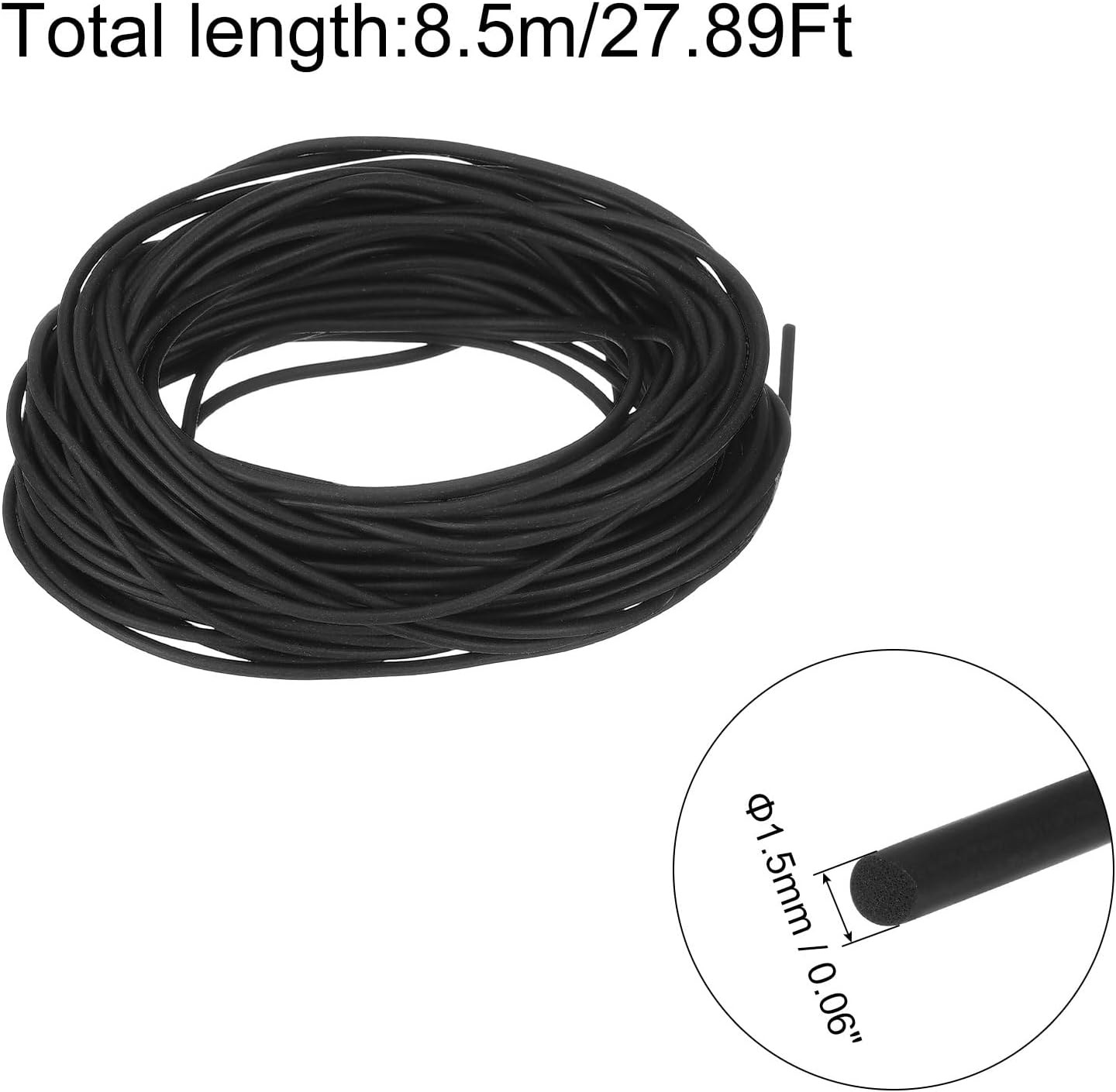 uxcell Silicone Foam Seal Strip, 1.5mm(0.06") Dia 8.5 Meters(27.89 Ft) Long Sponge Rubber Weather Seal Strip Round Rubber Cord Solid for DIY Warehouse, Pads, Foam Tubing, Crafts - Black