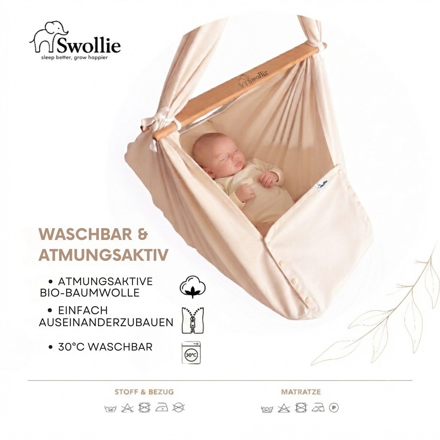 Premium Federwiege mit Motor - für Babys ab Geburt bis 15 kg - Tempo und Timer übergangslos einstellbar - Bio-Baumwolle und Schafwollmatratze