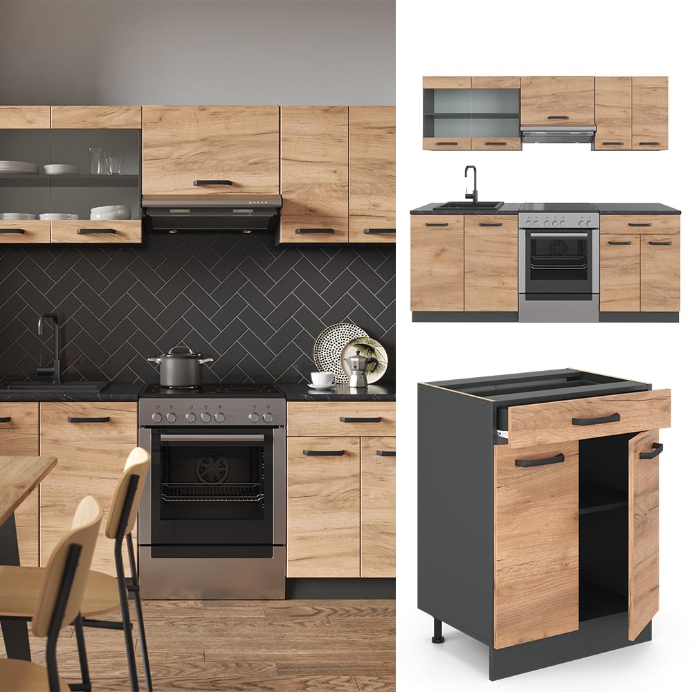 Vicco Mueble de Cocina R-Line, Oro Power Roble/Antracita, 200 cm ET Antracita, Apto para ampliación Individual con módulos adicionales
