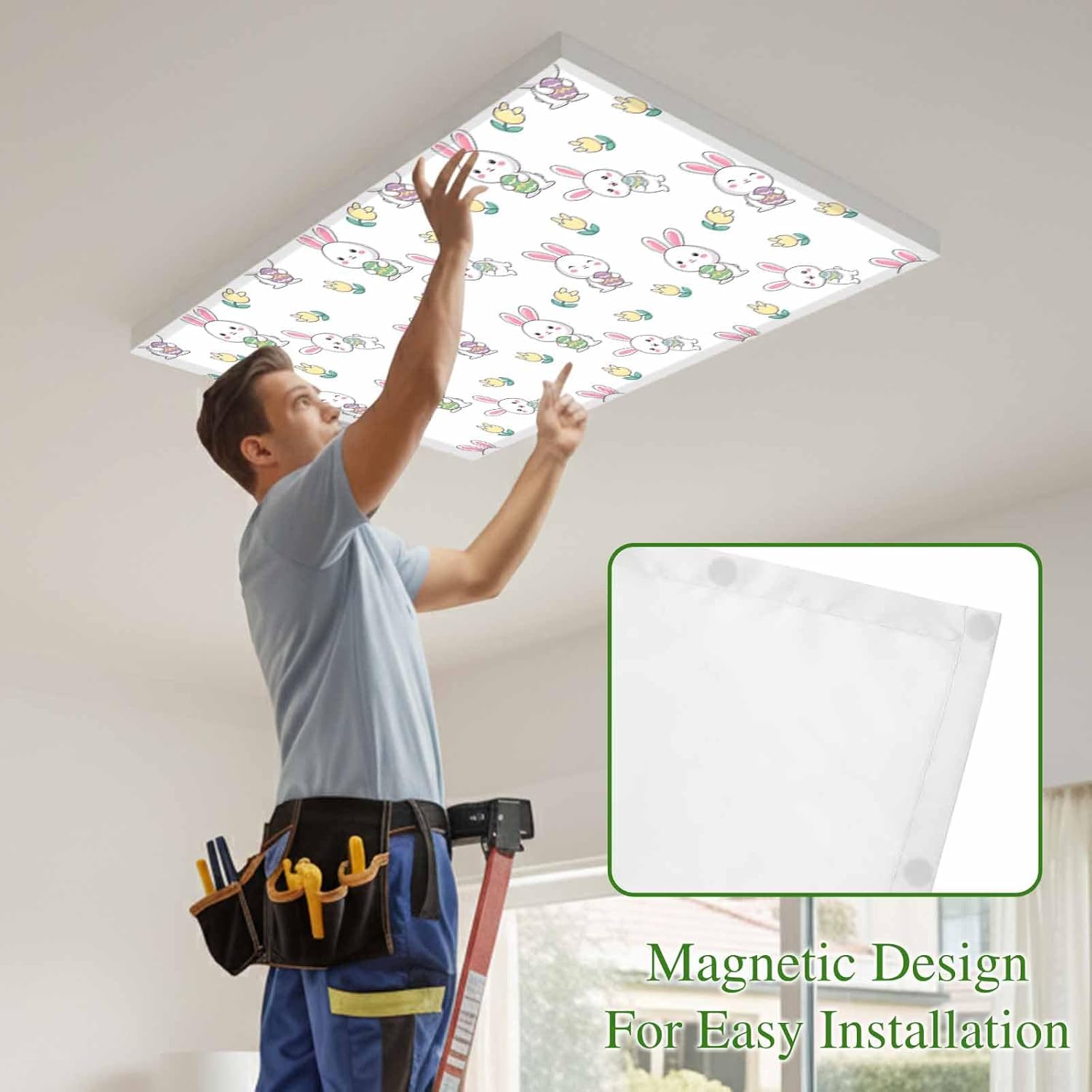 2x4 ft Fluorescent Light Cover for Ceiling Spring Easter Cartoon Rabbit Tulip Magnetic Light Filters, Cute Bunny Eggs Ceiling Lampshades for Home School Office 4Pcs