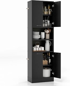 Kitchen Pantry Cabinet, Dining Room Cupboard with 4 Doors & 2 Open Countertop, 4 Anti-Tipping Devices, 75Tall Bathroom Cabinets Black