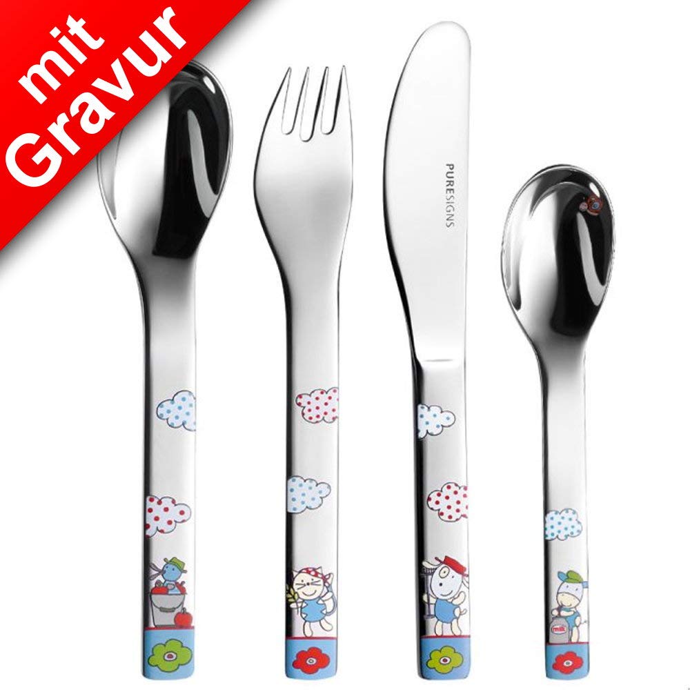 Kinderbesteck Bauernhof MIT Gravur (z.B. Namen) Ferme 4tlg. von Puresigns inkl. Namensgravur auf der Rückseite, Taufgeschenke für Mädchen & Jungen Geschenk zur Taufe