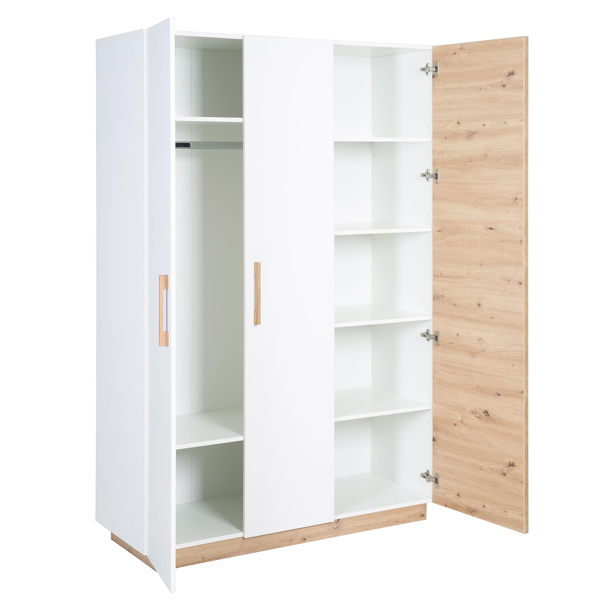 roba Kleiderschrank 'Lion' 3-türig Weiß/Holzdekor 'Artisan Eiche' Griffe aus massiver Eiche Drehtürenschrank HxBxT: 200 x 132 x 52,5 cm