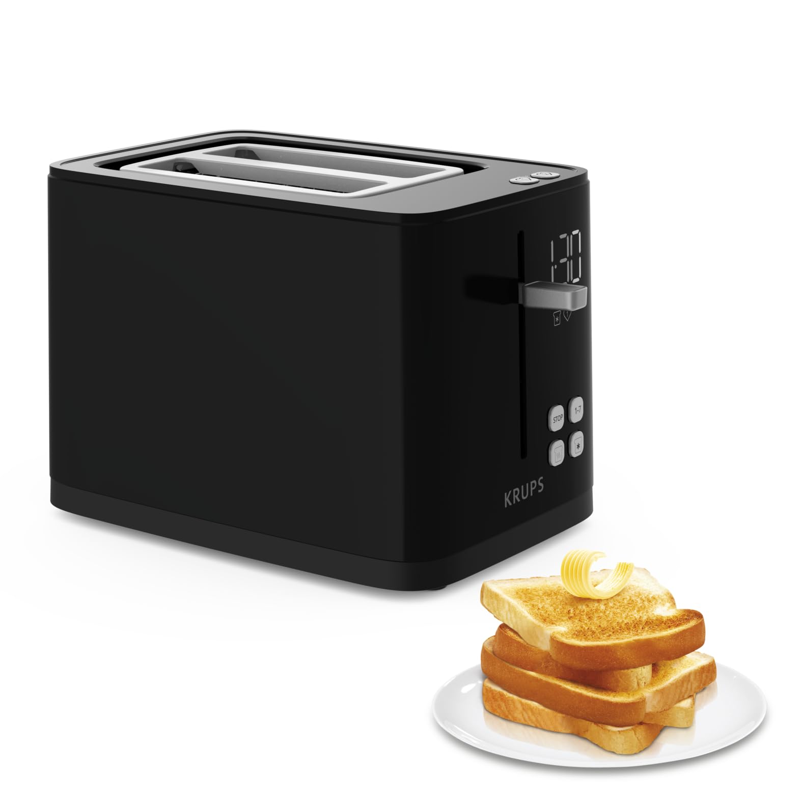 Krups KH641810 Smart'n Light Toaster, Zwei-Scheiben-Toaster, Digitaldisplay, 7 Bräunungsstufen, herausnehmbare Krümelschublade, Countdown, Anhebevorrichtung, Schwarz