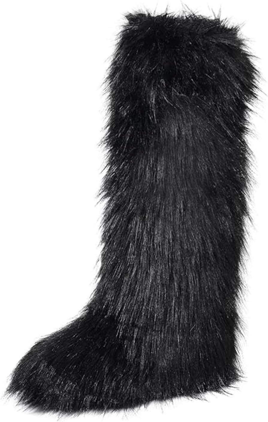 yamerbo Women's Faux Fur Boot Fuzzy Fluffy Round Toe Plush Winter Knee-High Boots Comfy Warm Tall Snow Boots for Outdoor Indoor Flat Shoes