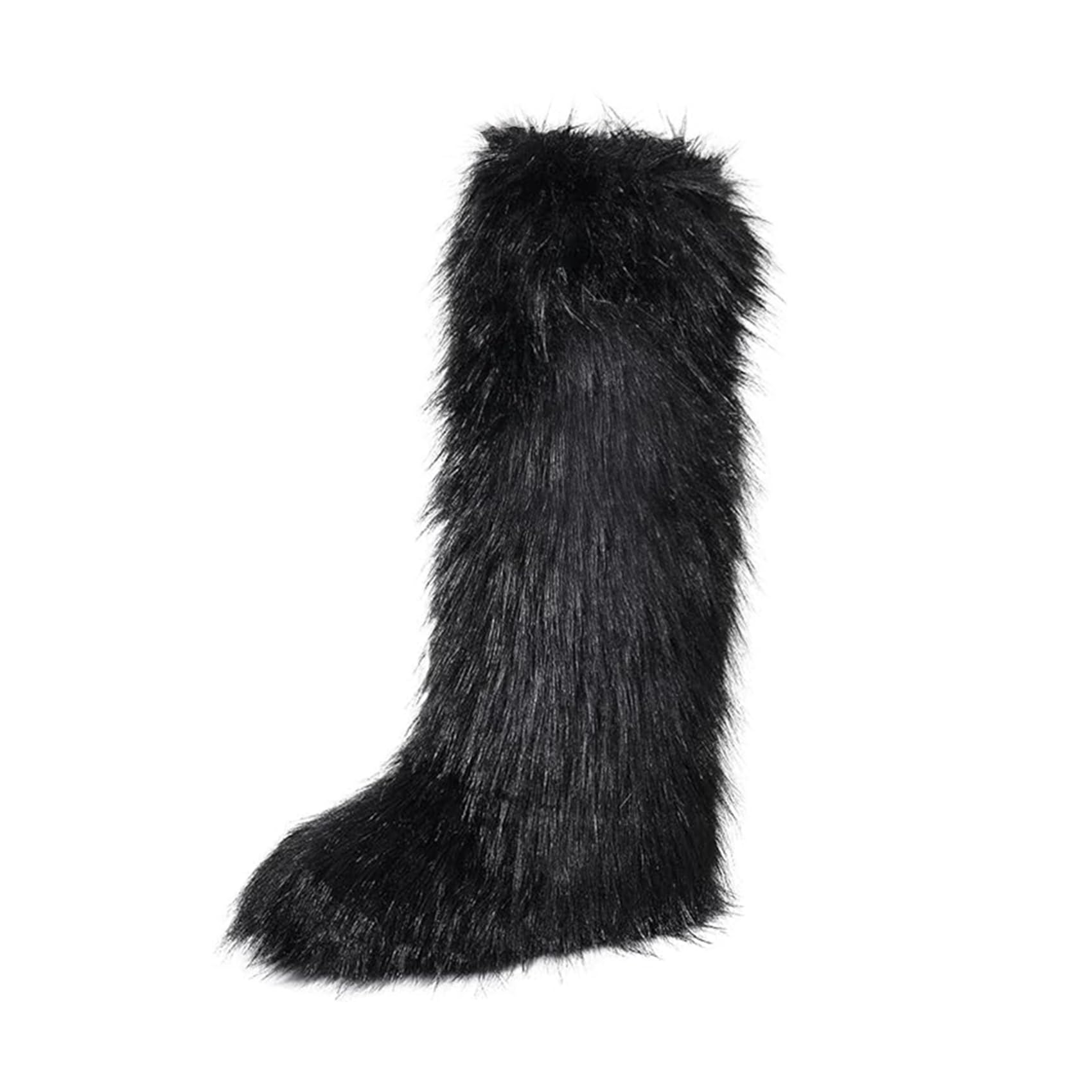yamerbo Womens Faux Fur Boot Fuzzy Fluffy Round Toe Plush Winter Knee-High Boots Comfy Warm Tall Snow Boots
