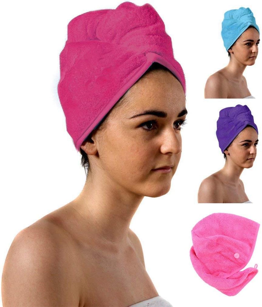 aztex Luxury Hair Turban Towel, Head Wrap Towel, Hair Drying Towel with Loop and Button Fastener, Luxury Absorbent and Lightweight Cotton, Multiple Colours, 64 x 23cm - Pink