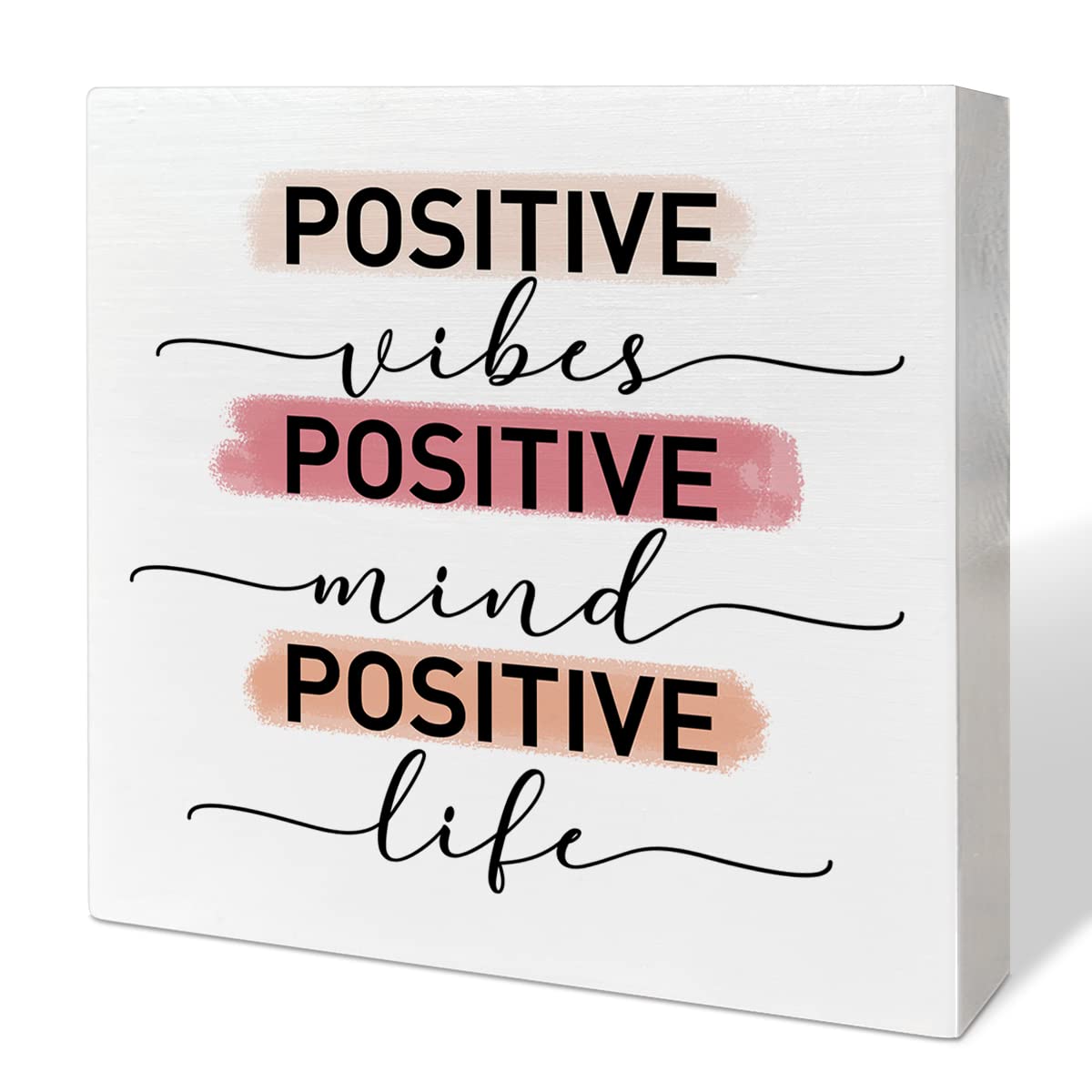 RJYMKHome Office Desk Wooden Box Sign Decor, Positive Vibes Mind Life, Inspirational Quotes Desk Decor Motivational Desk Decorations for Women Girls Teens Student Office Classroom School