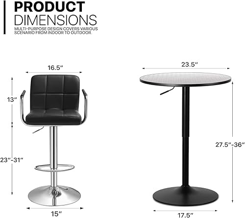 Miniatura 3 de MoNiBloom Juego de 3 mesas de bar y sillas, mesa de bar redonda de comedor y taburetes de bar ajustables, juego de 2 con reposabrazos para mesa de