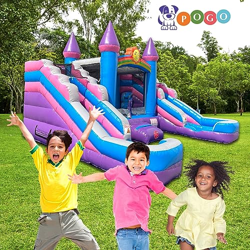 Pogo Bounce House Inflatable Bounce and Double Slide Combo (without Blower) - 16' Long x 15' Wide Crossover Pink and Purple Castle Combo Bouncer, Kids Outdoor Toys and Jumpers