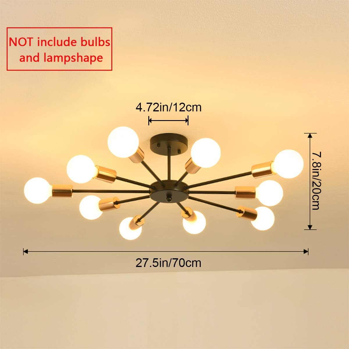 Jaycomey Semi Flush Mount Ceiling Light,10-Light E26 Base Modern Black Sputnik Chandelier,Industrial Ceiling Lamp Fixture for Kitchen Farmhouse Living Room Dining Room