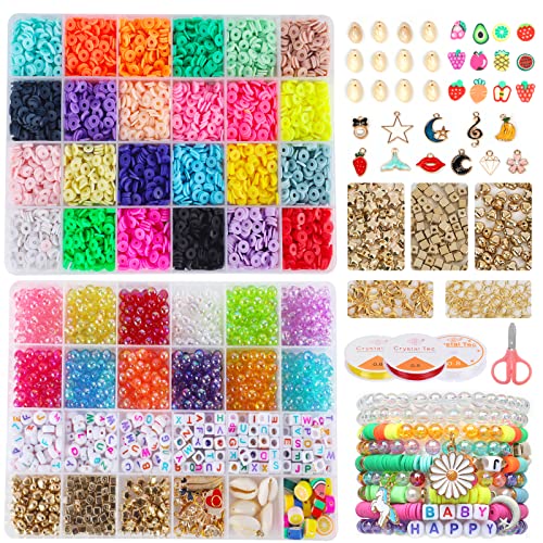 Lot de 6100 bijoux à faire soi-même - Lettres - Perles d'espacement rondes en argile polymère - 24 couleurs - Idéales pour la fabrication de bracelets et de colliers Cover