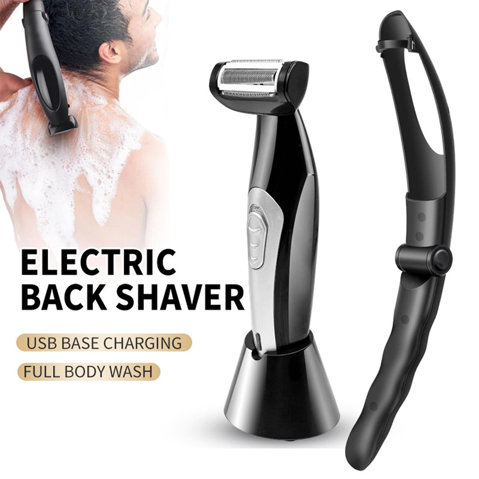 Rifinitore per del Corpo Uomo - Rasoio Elettrico per la Schiena con Manico Lungo Rimovibile, Rifinitore per Zona Pubica, Schiena, Viso, Gambe e Barba, Uso a Umido e Asciutto,