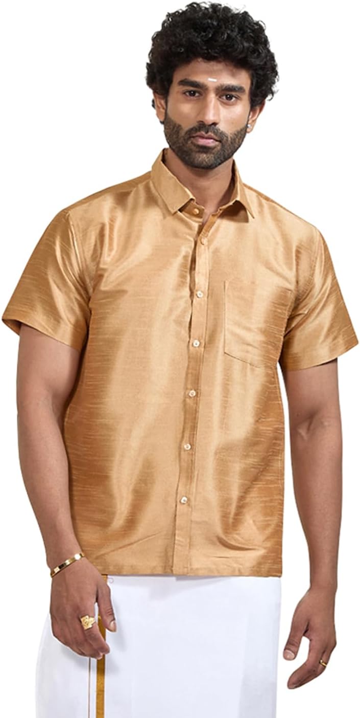 VASTRAMAY Men's Silk Blend Ethnic Shirt - Half Sleeves, South Indian Traditional Shirt for Weddings, Festivals, & Casual Wear