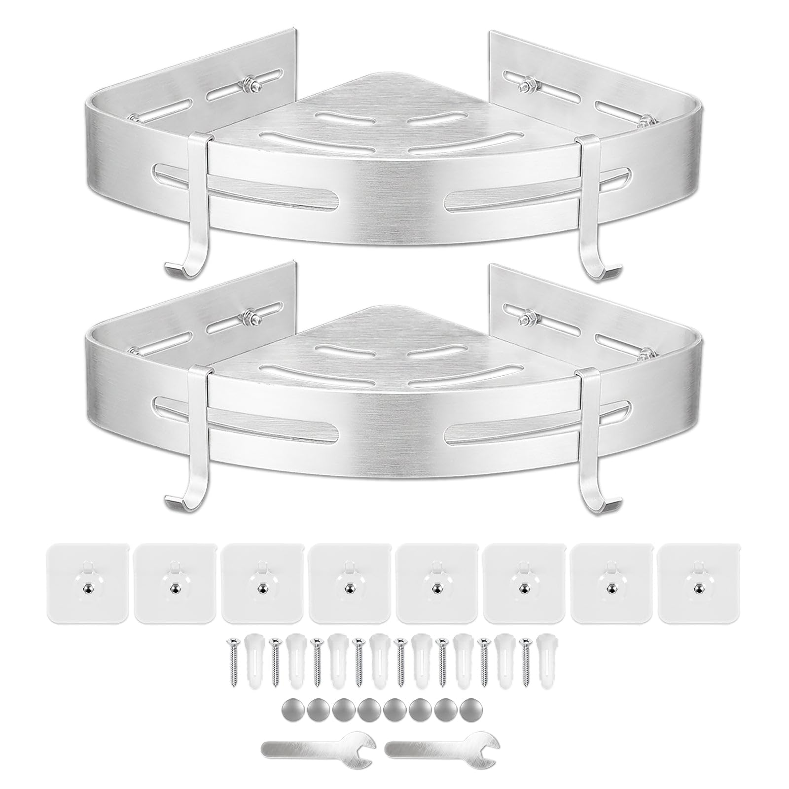 Spares2go Luxury Shower Corner Shelf Storage Rack Bathroom Kitchen Bedroom Caddy Organiser (Brushed Silver, Pack of 2)