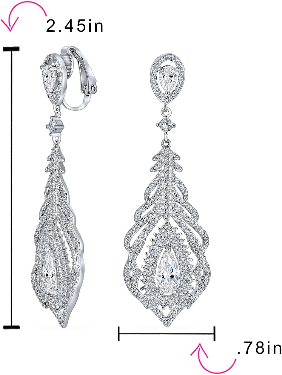Bridal Fashion Vintage Art Deco Style Teardrop Shaped Halo AAA Cubic Zirconia Clear or Royal Blue Statement Elegant Chandelier Clip On Earrings For Women Wedding Prom Silver Plated