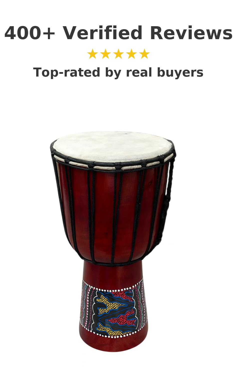 Djembe Drum – Solid Wood African Djembe - 16" Tall Percussion Drum with Goat Skin Head And Tribal Designs - Professional Quality/Sound - Not Made in China