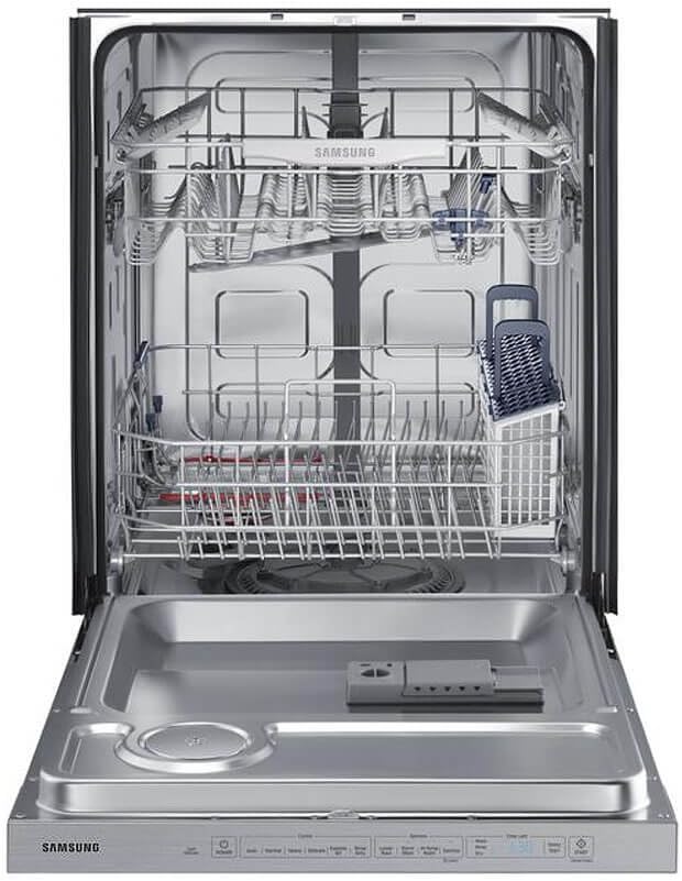 Interior view of the Samsung DW80K5050US Dishwasher with both racks pulled out, showing the utensil basket and spray arms.