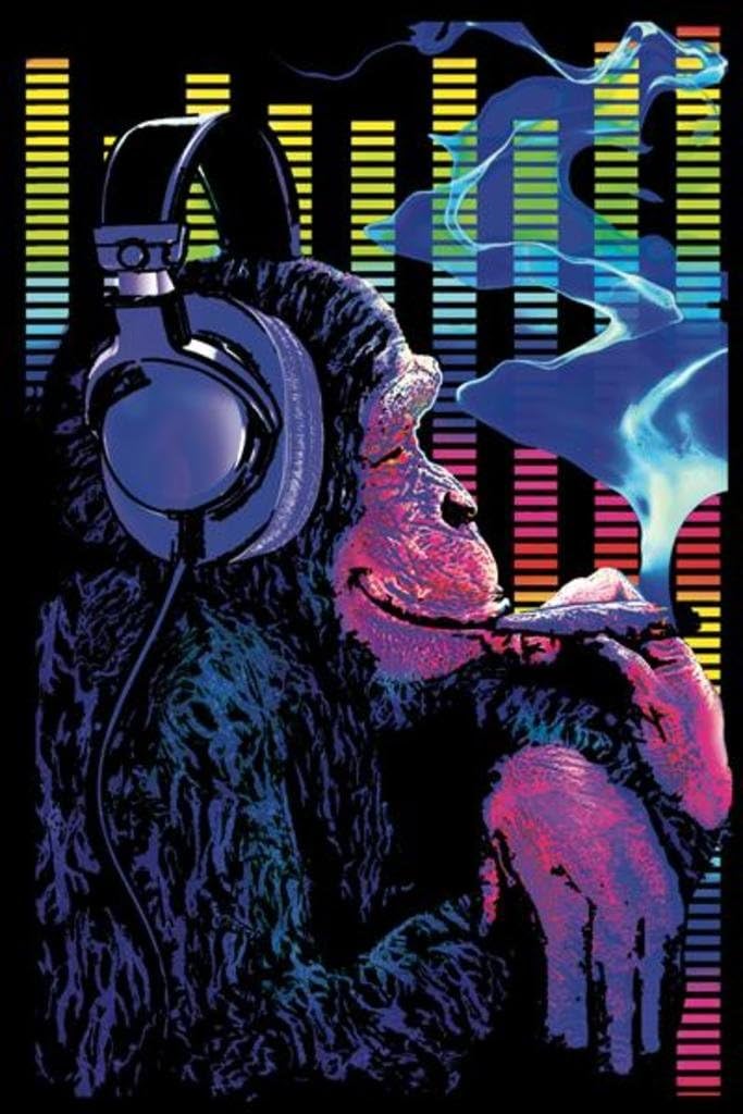 Pyramid America Funky Monkey Smoking Joint Music Headphones Chimpanzee Fantasy Trippy Flocked UV Black Light Blacklight Poster 23x35 inch