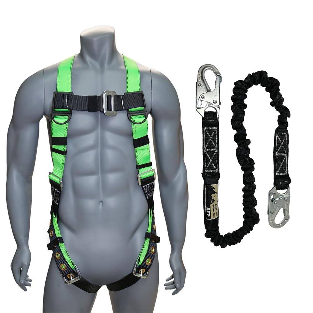 AFP Universal Full-Body Safety Harness w/Dorsal D-Ring Tongue Buckle Legs High-Viz Green, Shock Absorbing Lanyard (OSHA/ANSI)