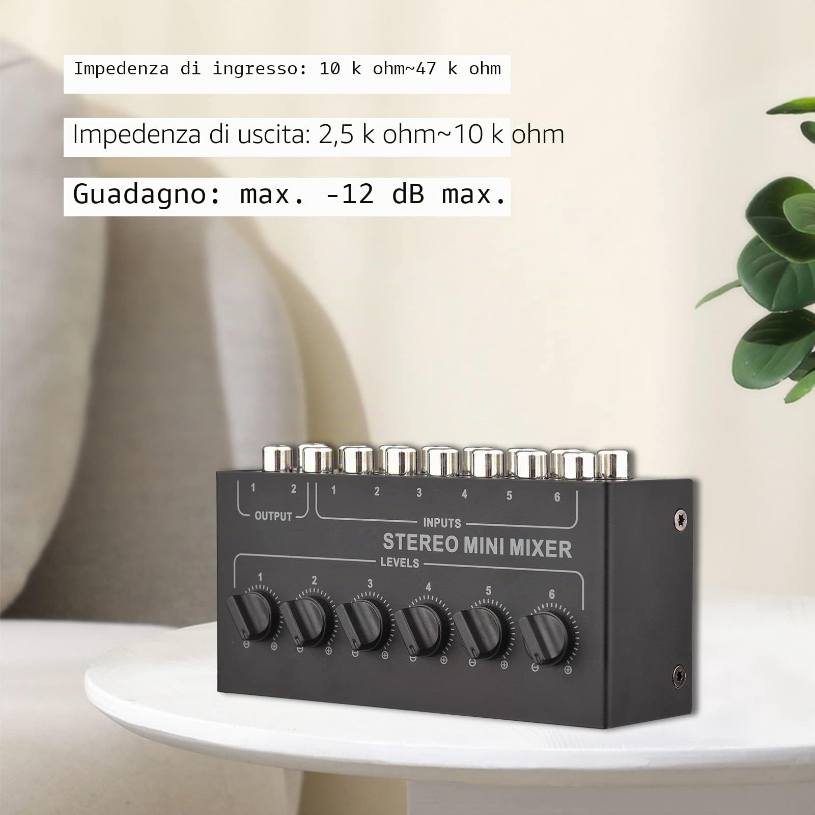 Mixer Stereo, Mini 6 Canali Mixer Passivo RCA Audio Portatile 6 in 2 out, Distributore Con Controllo del Volume, Nessuna Batteria Richiesta