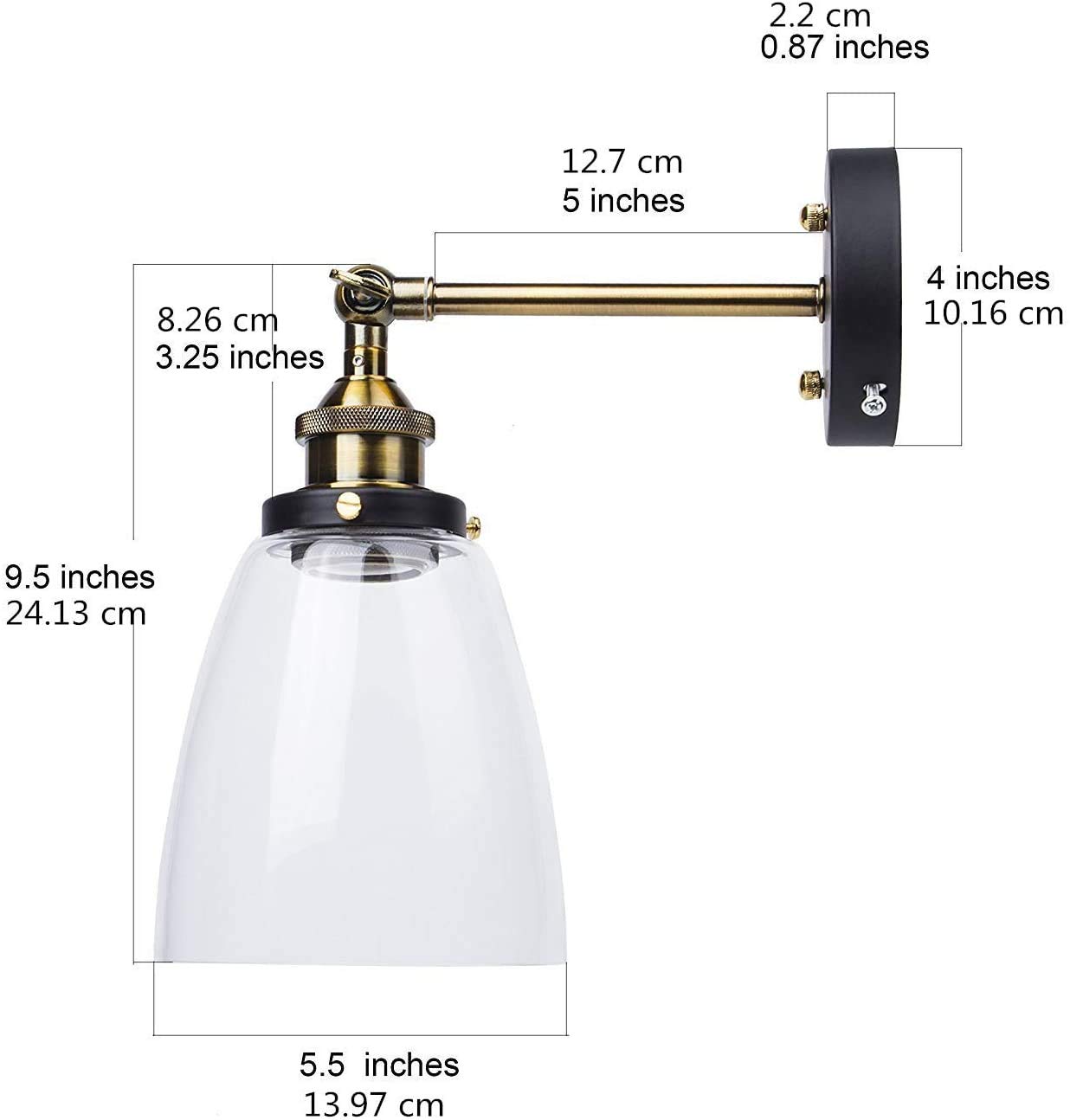 Applique da Parete Interno Vintage Lampada da Muro Parete Industriale Edison Retro Paralume in Vetro E27 40W (Senza Lampadina)