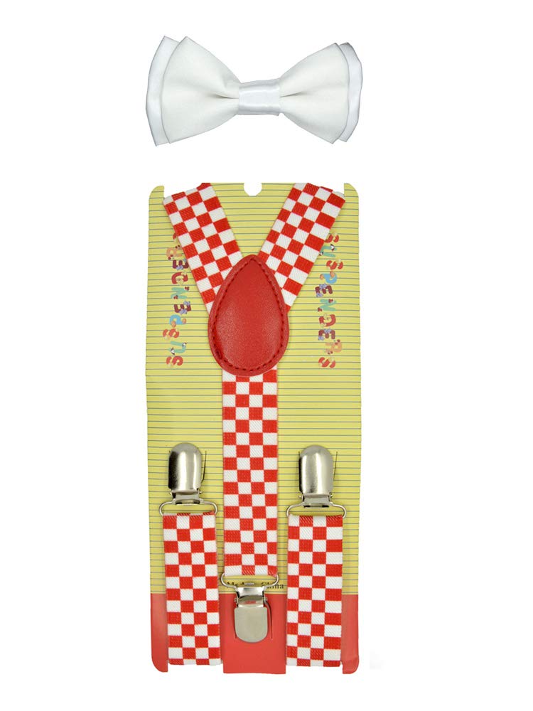 CUTE Baby Toddler Kids Children Red/White Checker Elastic Suspender & White Plain Bow Tie Set