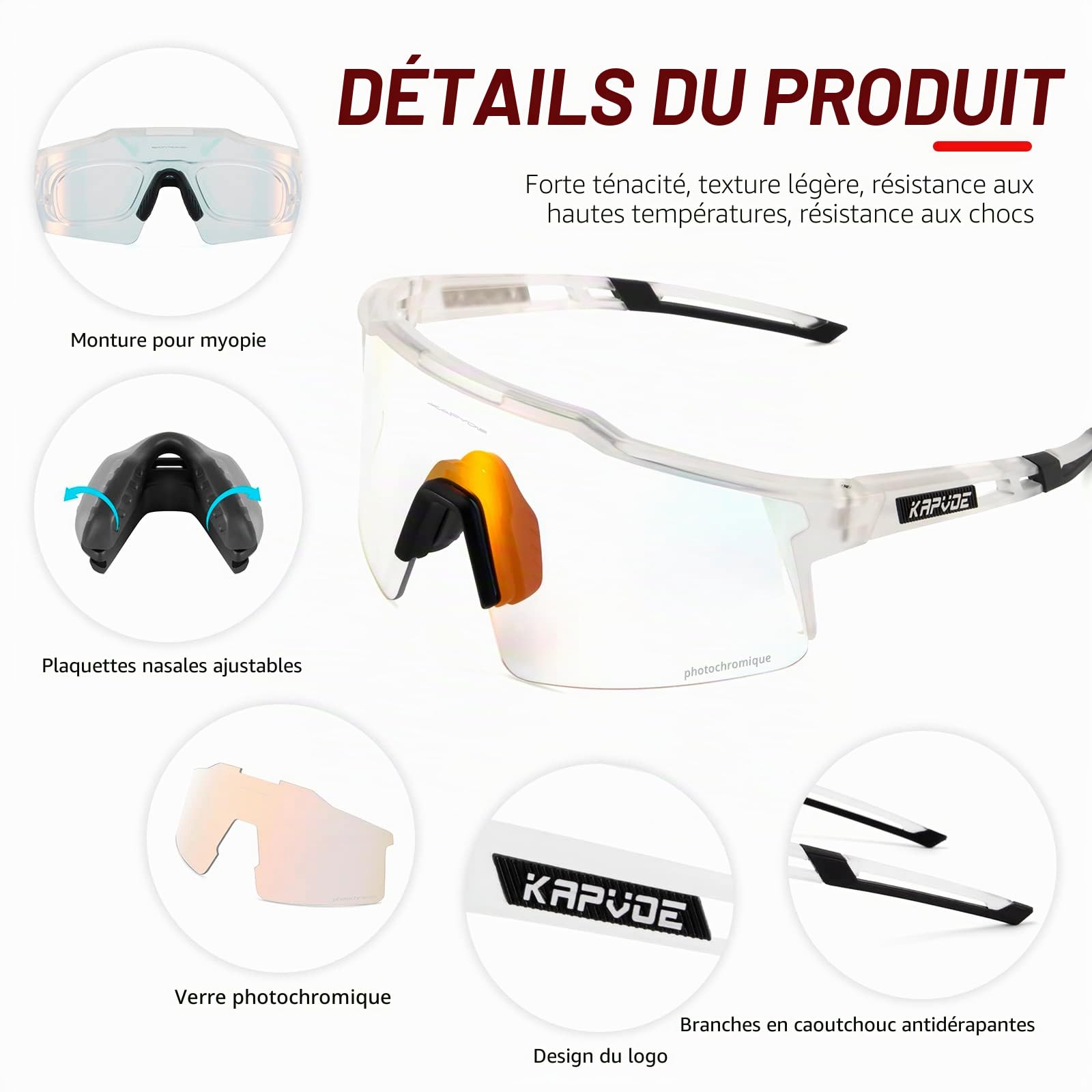 KAPVOE Lunettes Cyclisme Photochromique Tr90 Cadre Vélo VTT Protection UV400 K9023