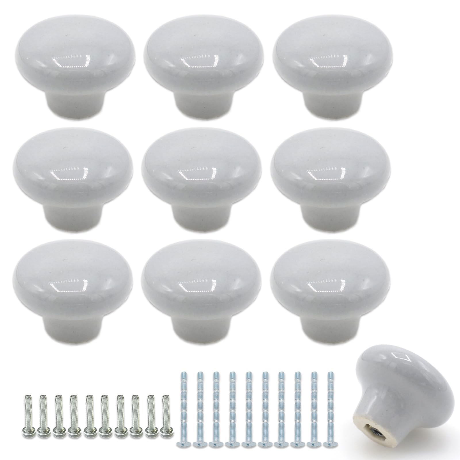 Joyangy 10Pack Ceramic Cabinet Knobs, 1.26Inch/32mm Grey Round Drawer Dresser Knob Pulls Handle with Screws, for Kitchen Cupboards, Wardrobes,