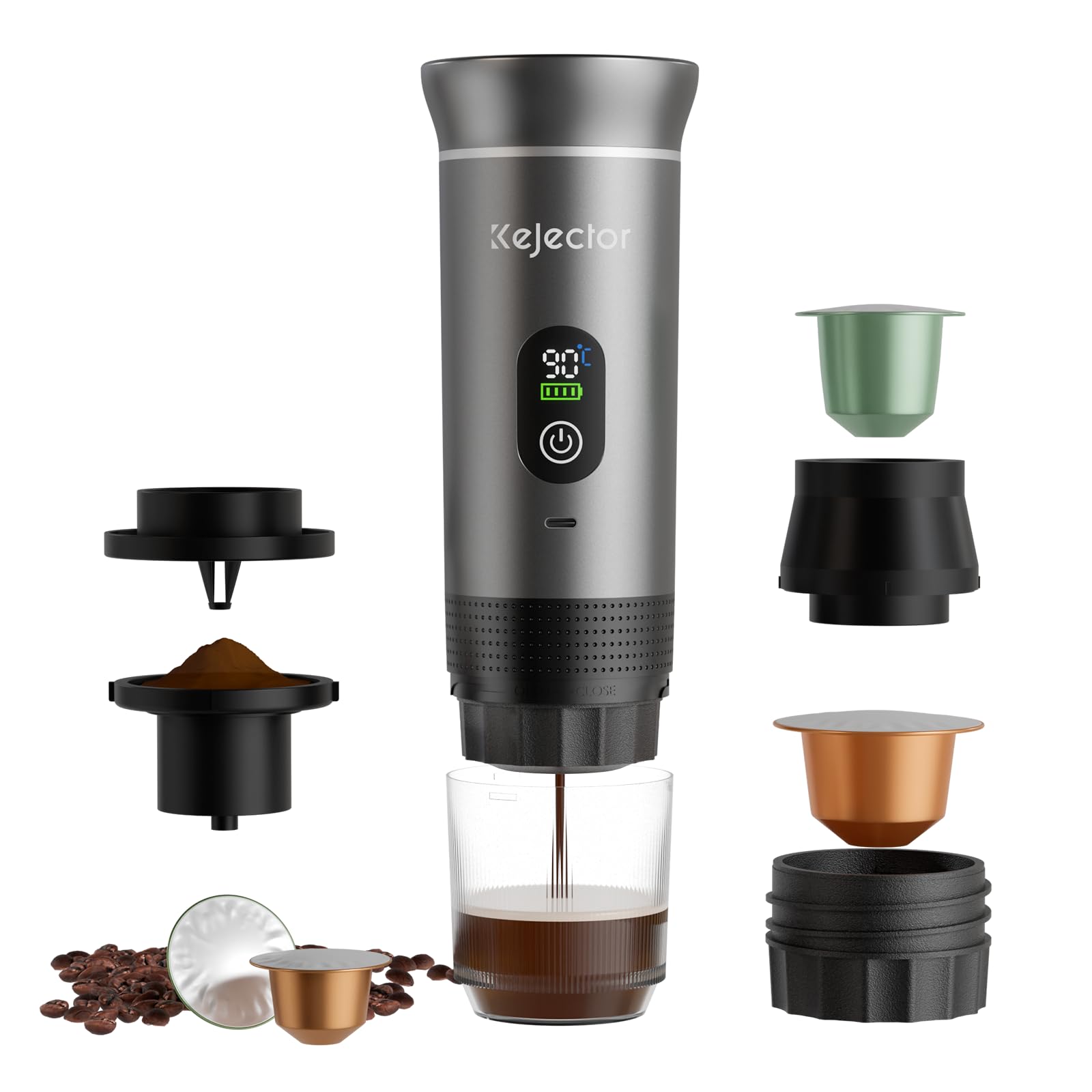 kejector Cafetera portátil de viaje, máquina de café espresso nano para coche, compatible con café molido, cápsula para autocaravana, senderismo, camping, oficina, espresso de viaje