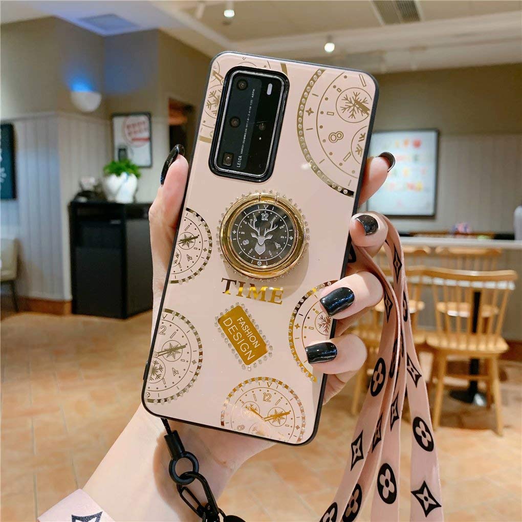 NiaCoCo Compatible with Samsung Galaxy A50 Case 360 Degrees Rotating ring Bracket Artificial diamond Anti-scratch Protective Case+（1pcs Free Screen Protector+Lanyard*2）-Golden