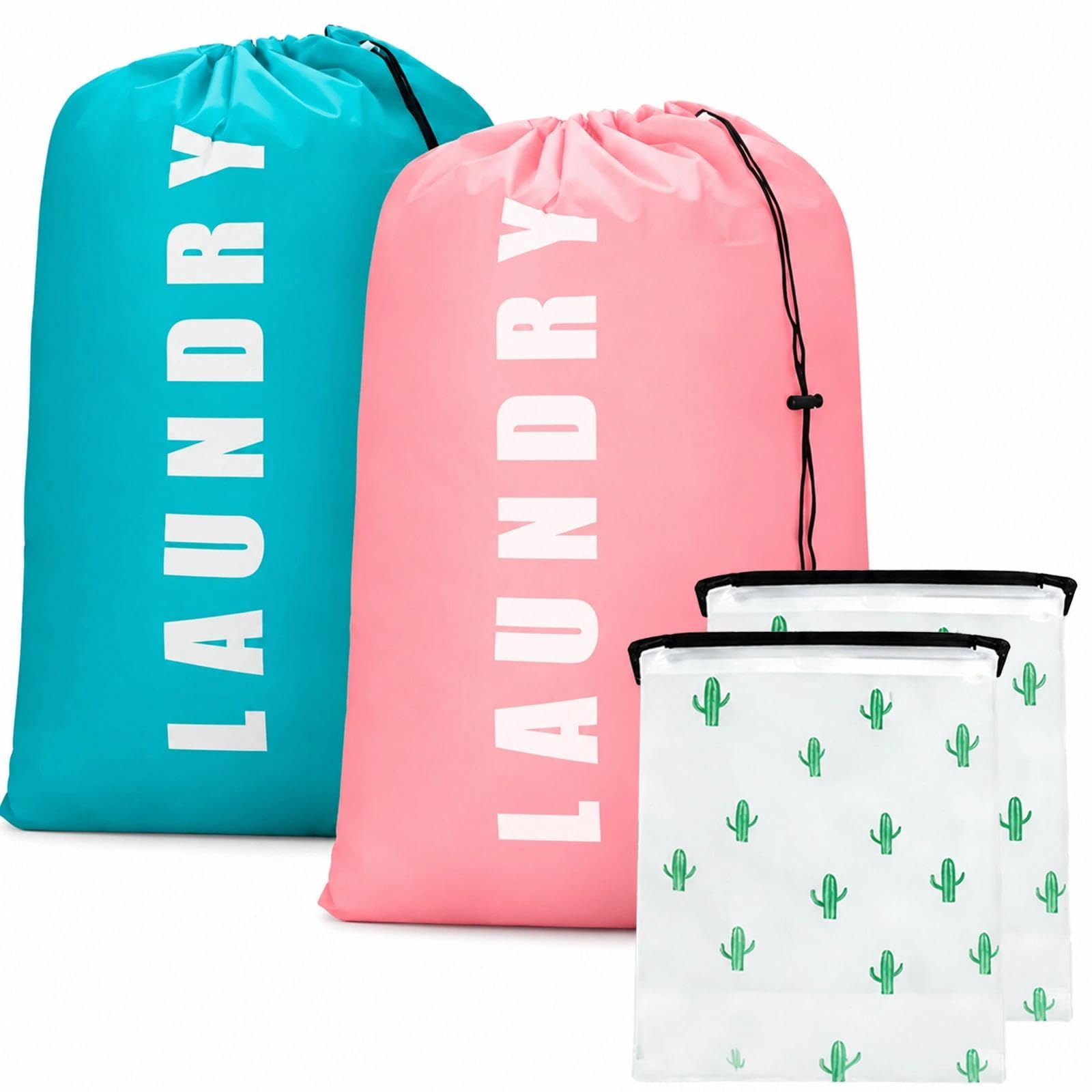 4PCS Large Laundry Bags, Travel LaundryBag, LaundryBagTravel, 120 L Laundry Bags with Drawstring, 61 x 92 cm, Ideal for Travel, Camping, Holidays and Motorhome Trips, (Green + Pink).
