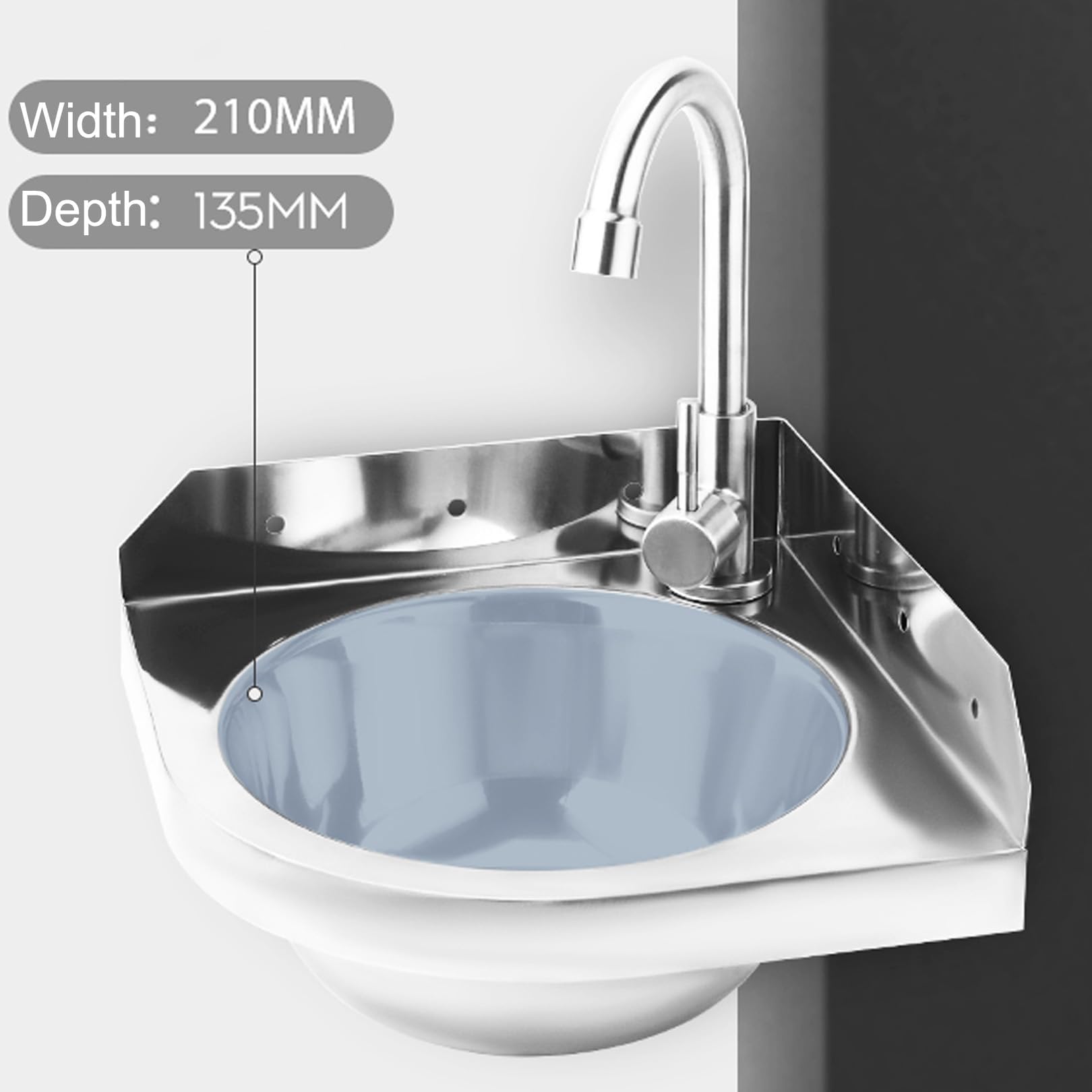 Lavello Angolare in Acciaio Inox da Bar, Mini Lavabo per Piccoli Spazi, Cucina, Bagno (26 cm / 10.3 in)