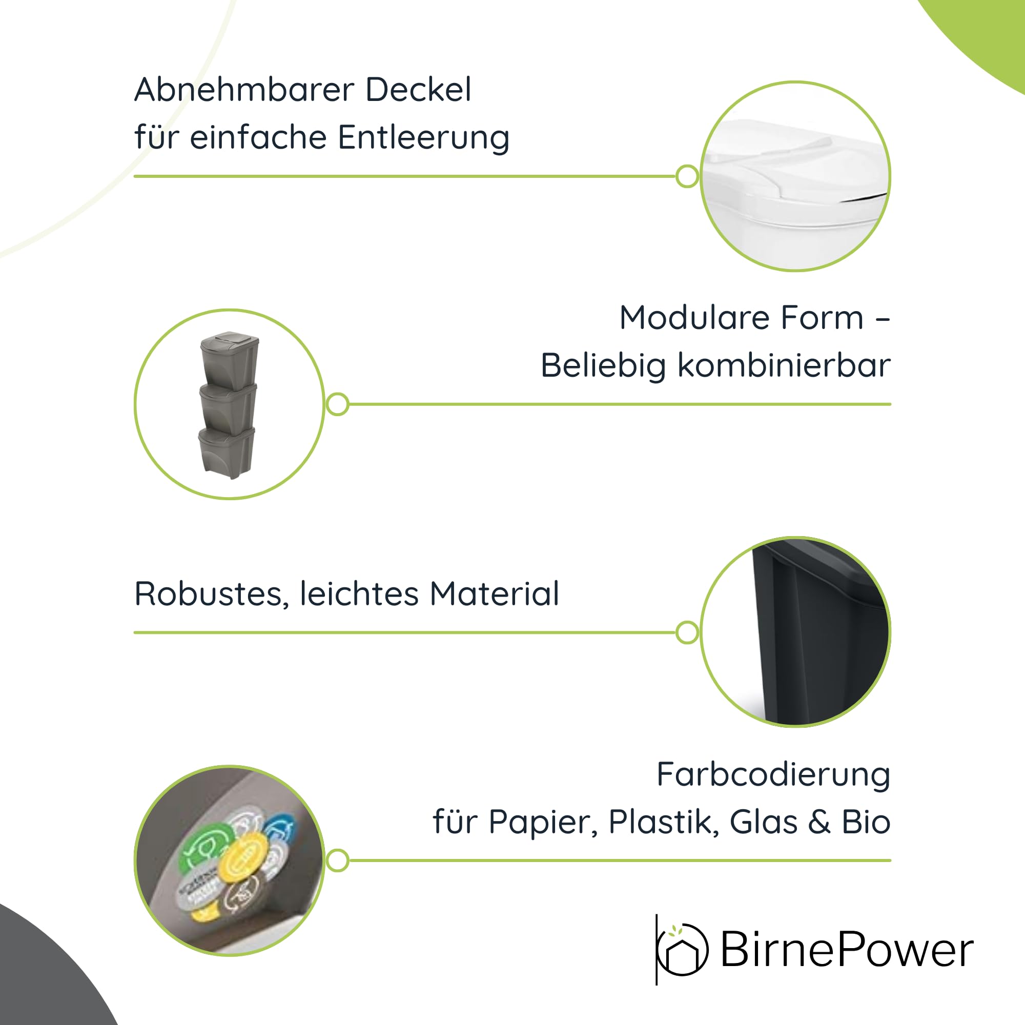 BirnePower Sortibox Mülltrennsystem 4x25L – 100L Mülleimer Set anthrazit mit farbigen Deckeln – stapelbare Abfalleimer mit Deckel für Küche, Haushalt und Garten Müllsortierer