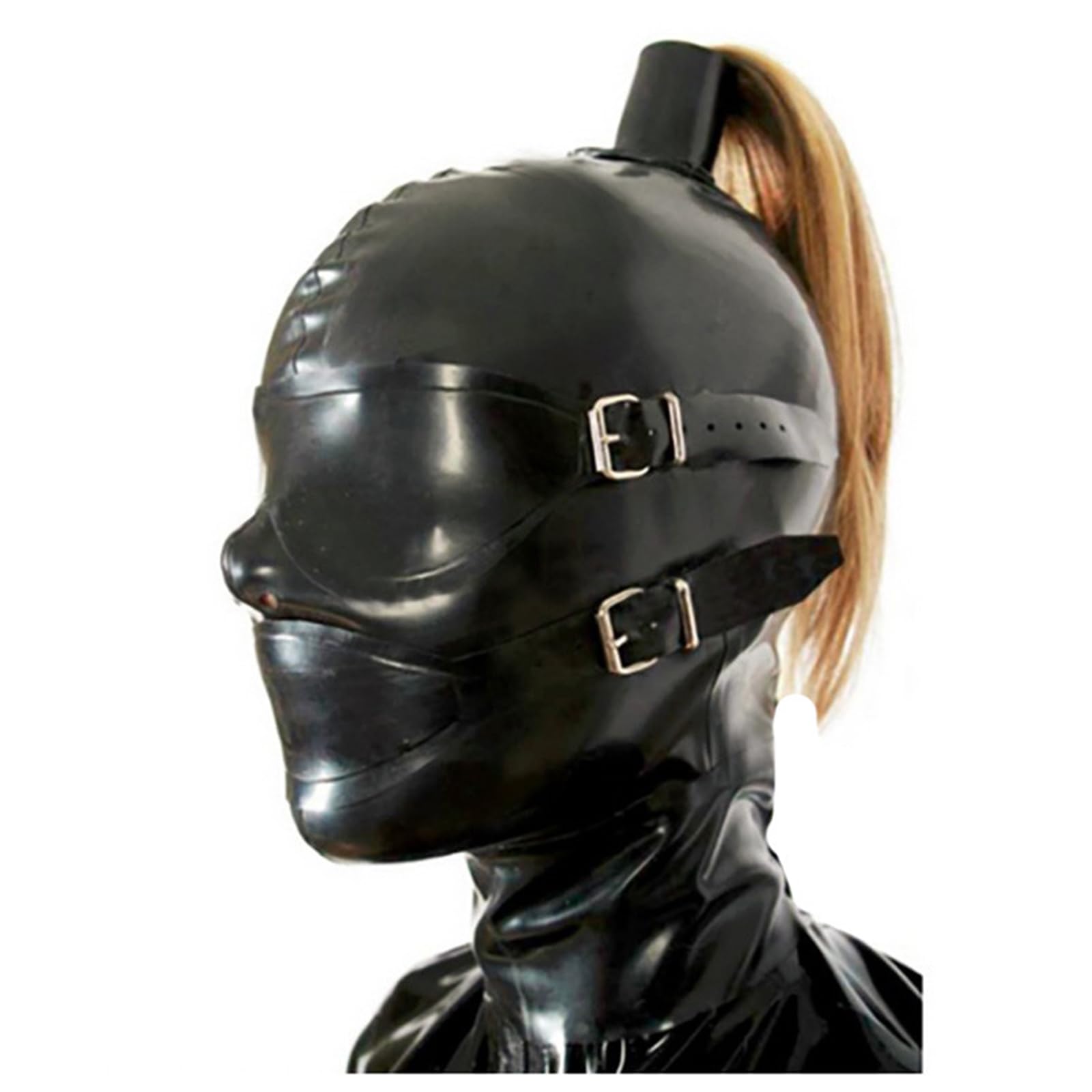 DSPENGS Latex Hood Halloween with Wig with Removable Blindfold and Mouth Full Face Mask Handmade for Cosplay Costume(Size:S-63CM)