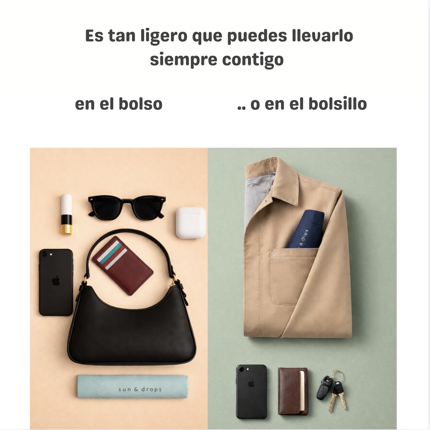 Paraguas de bolsillo Sun & drops. Plegable ultraligero 125g. UPF 50+ Protección solar ideal sol intenso. Repelente al agua, secado ultrarrápido. Apto para lluvia ligera/moderada. No para viento fuerte