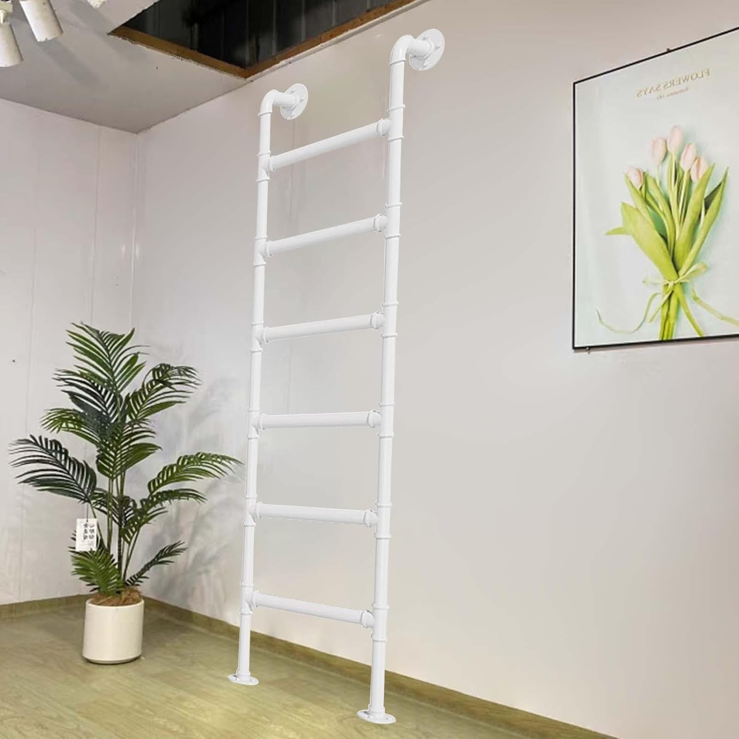 White Metal Egress Ladder for Basement, Wall Mounted Loft Attic Climb Ladder, Outdoor Indoor Fire Escape Ladder 3.3-9.8ft Fire Escape Ladder Bed Safety Step Ladder(210cm