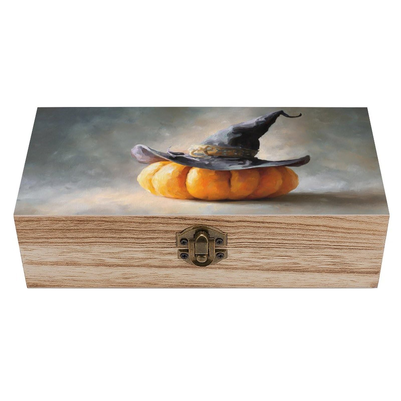 Ahdyr As Pic Whimsical Pumpkin With Witch's Hat Wooden Storage Box With Hinged Lid And Front Clasp Large Keepsake Box