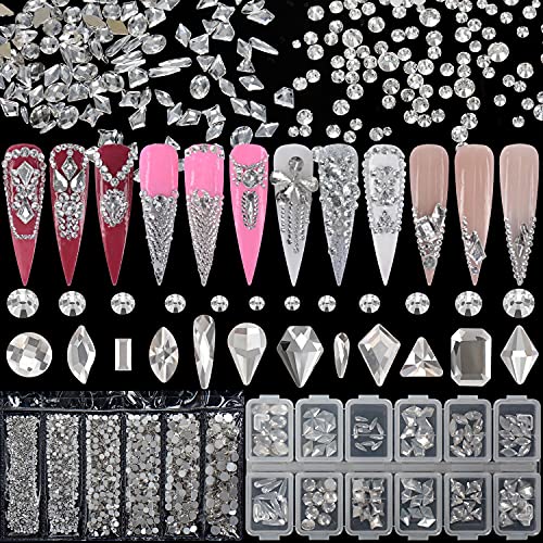 Warmfits 1840Pcs Clear Crystal Nail Rhinestones Set Nail Art Rhinestone Nail Art Gems 9K Clear Class Multi-Shape Flat Back Transparent Nail Jewels For Nail Diy Crafts Makeup #TOP19