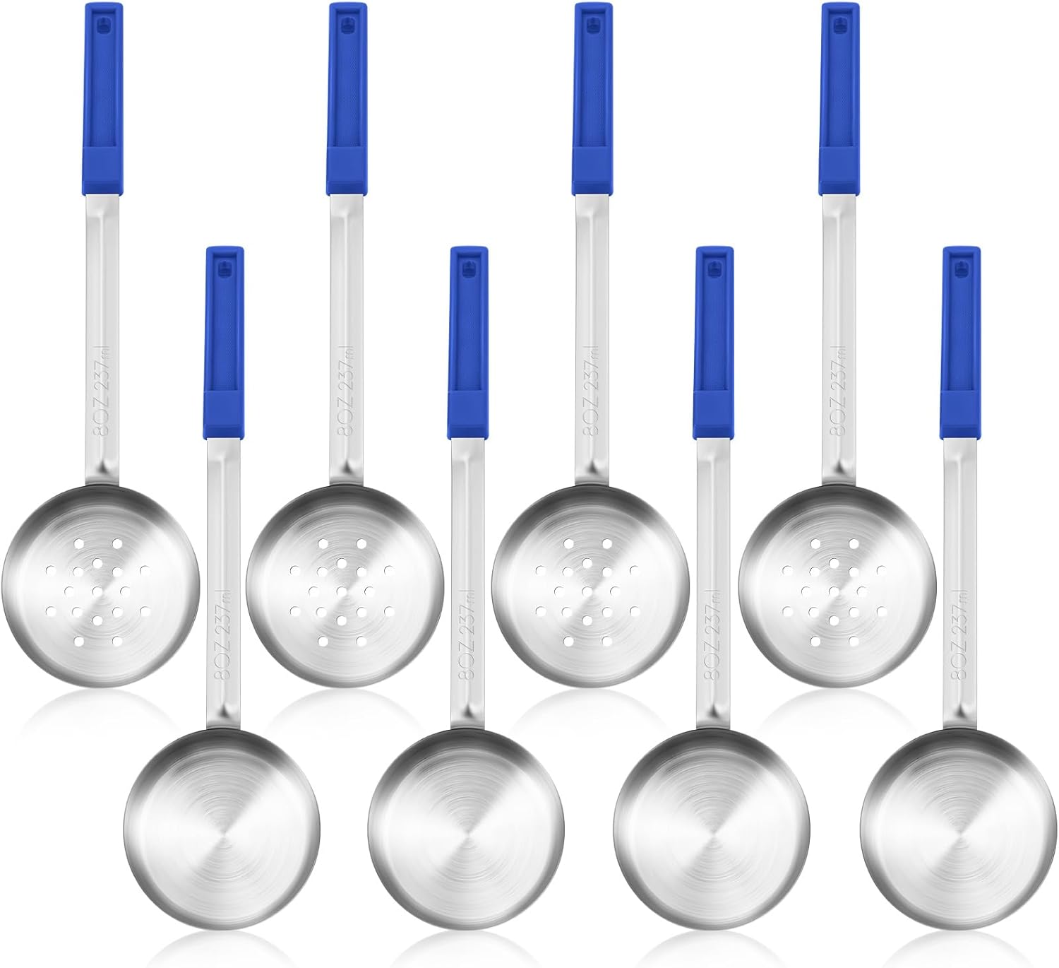 Teenyyou 8-Pack 8 oz Portion Control Spoons: Solid & Slotted Stainless Steel Serving Ladles for Parties, Dark Blue Handles
