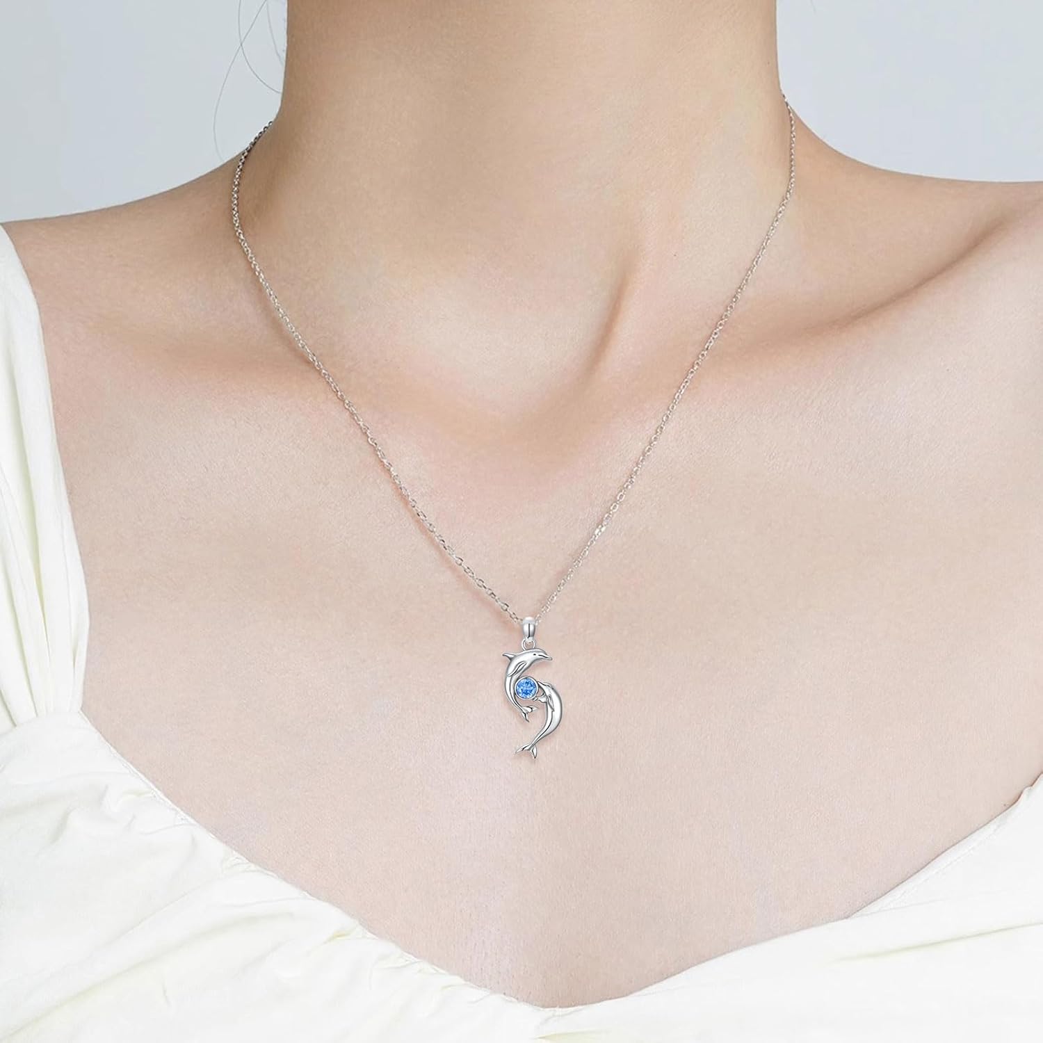 Dolphin Necklace for Women 925 Sterling Silver Aquamarine Pandent Necklaces Holiday Christmas Anniversary Valentine's Day Gift for Couple Girlfriend Wife - Image 2