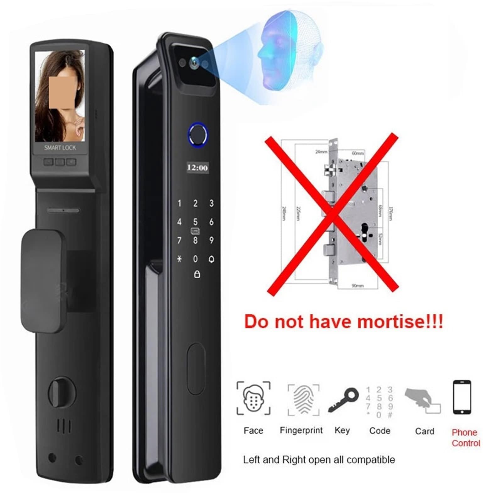 Serratura intelligente, Smart Lock con riconoscimento facciale 3D fotocamera WiFi integrata APP for impronte digitali Kit di blocco da infilare for telecomando(Only Lock No Mortise)