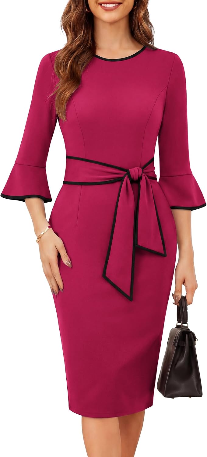GRACE KARIN 3/4 Sleeve Bodycon Office Work Midi Pencil Dress | Sheath,Crew Neck,Knee Length,Color Block with Belt,Suitable for Church/Business Casual/Semi Formal/Professional/Cocktail